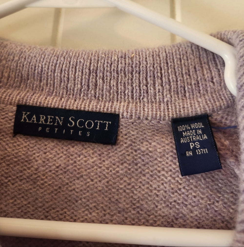 Karen Scott Button-Up Sweater/Cardigan, 100% Wool, Lilac & light blue, Size:  PS - Picture 2 of 7